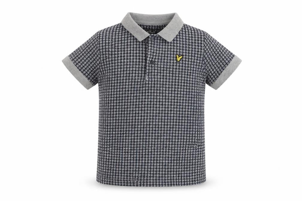 Front view of Lyle & Scott boys’ grey houndstooth polo shirt 8-9 years