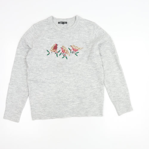 Bonmarché Women's Grey Embroidered Bird Pullover, Size 10