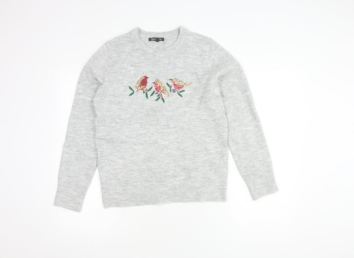 Bonmarché Women's Grey Embroidered Bird Pullover, Size 10
