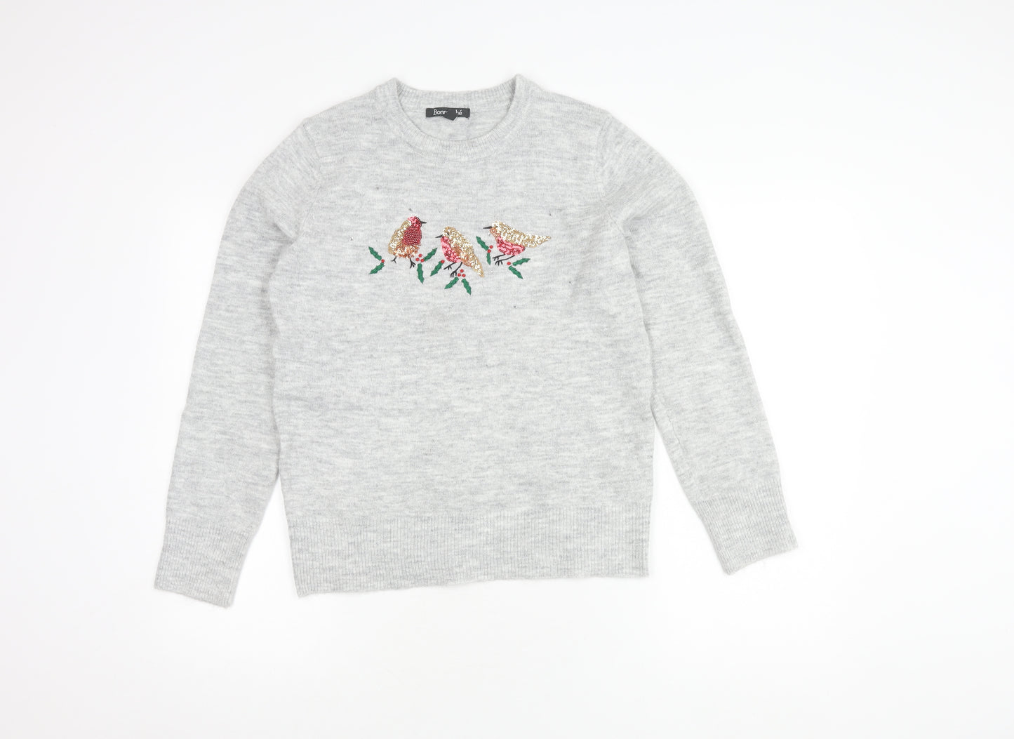 Bonmarché Women's Grey Embroidered Bird Pullover, Size 10