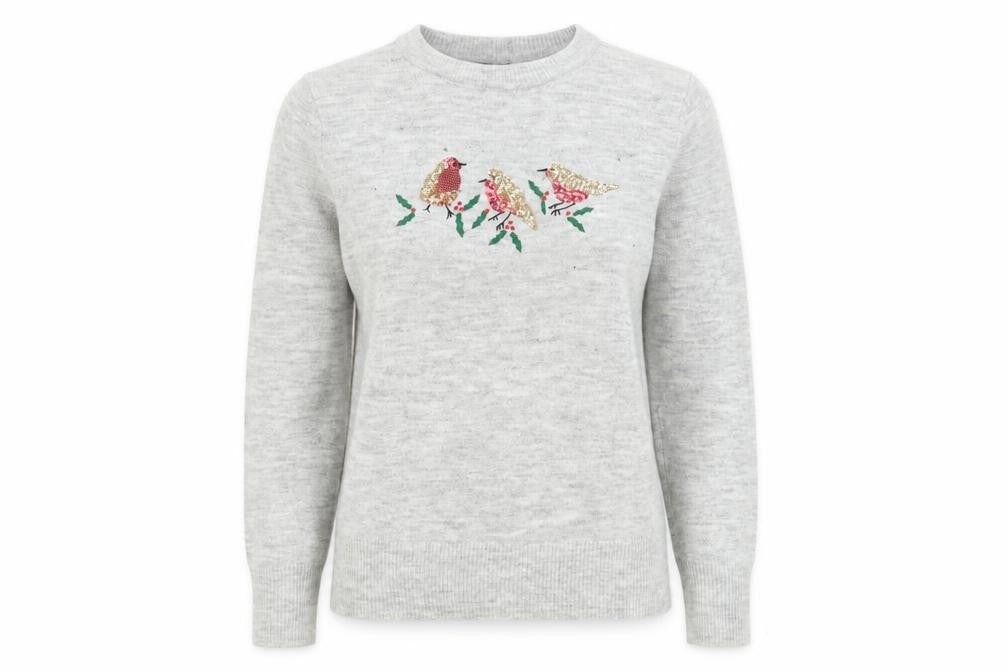 Front view of Bonmarché Women's Grey Embroidered Bird Pullover, size 10