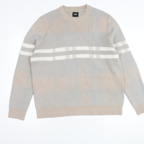 Burton Menswear Beige Plaid Crew Neck Jumper Size L