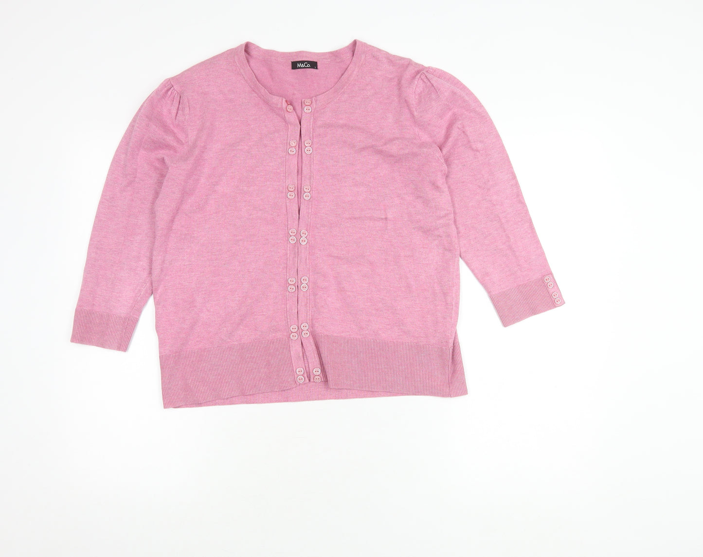 M&Co Women's Pink Cardigan, L - 3/4 Sleeve Crew Neck