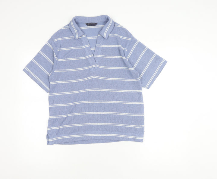 Marks and Spencer Women's Blue Striped Polo Shirt Size 10