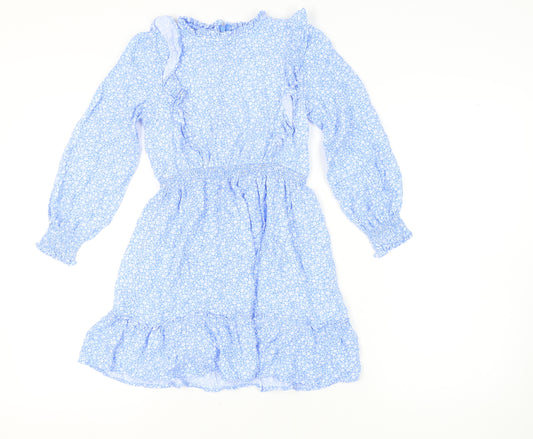Marks and Spencer Girls Blue Floral Long Sleeve Dress 9-10 Y
