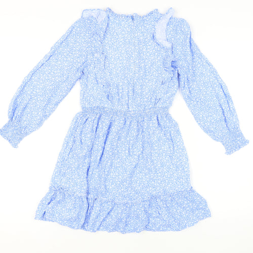 Marks and Spencer Girls Blue Floral Long Sleeve Dress 9-10 Y