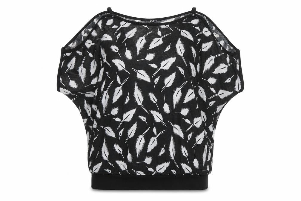 Front view of Quiz Women's Black Feather Print Dolman Sleeve T-Shirt