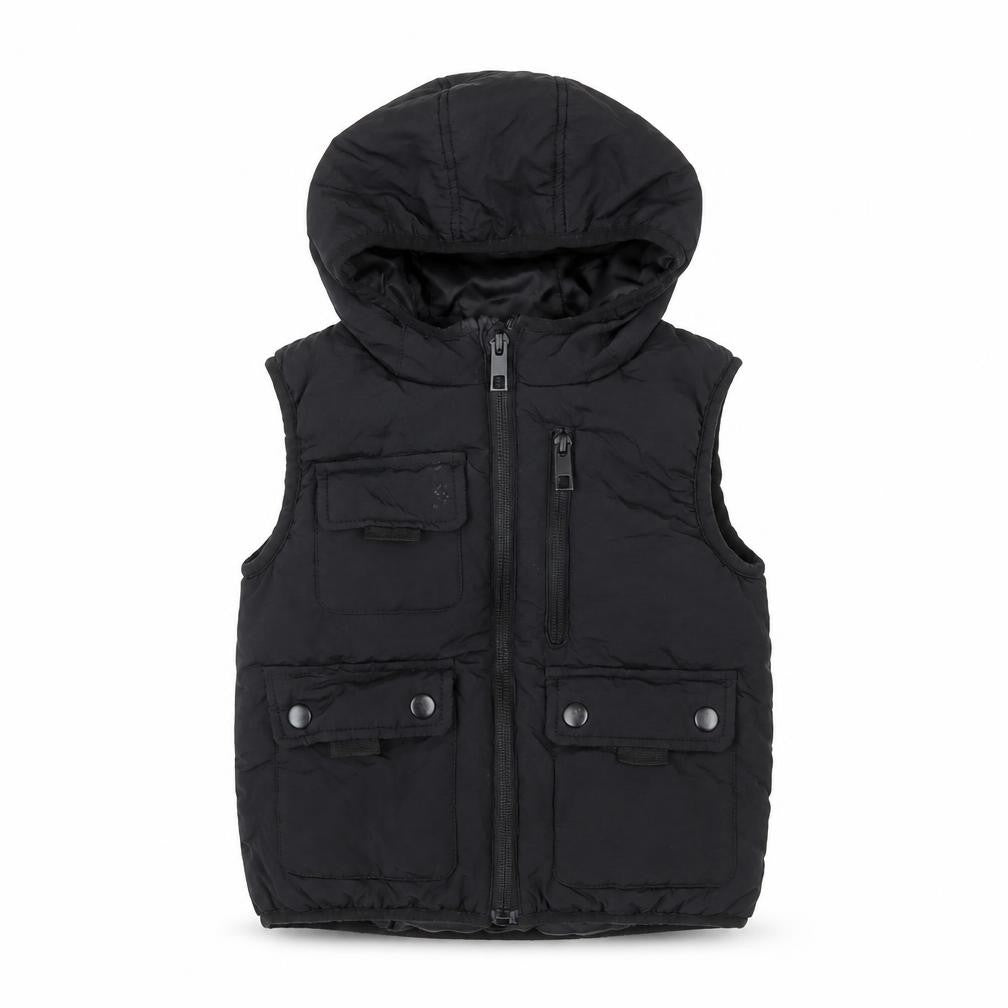 Front view of Outerwear boys’ black sleeveless hooded jacket 4 years
