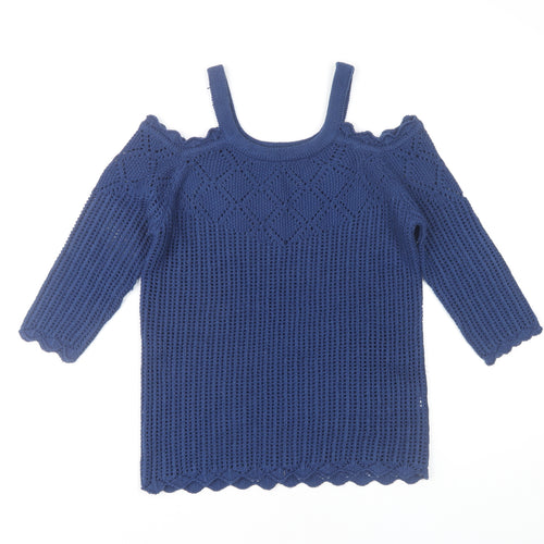 B. YOU Women's Blue Geometric Open-Knit Pullover Jumper