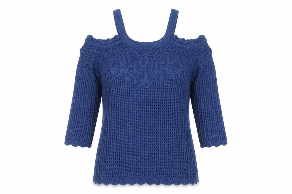 Front view of B. YOU Women's Blue Geometric Open-Knit jumper