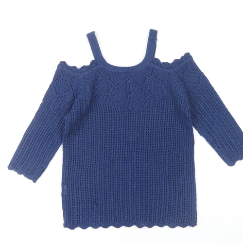 B. YOU Women's Blue Geometric Open-Knit Pullover Jumper