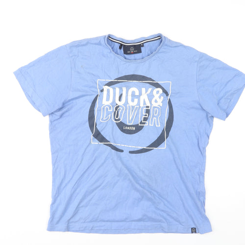 Duck and Cover Men's Blue Graphic T-Shirt Medium