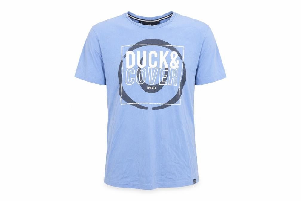 Front view of Duck and Cover Men's Blue Graphic T-Shirt Medium