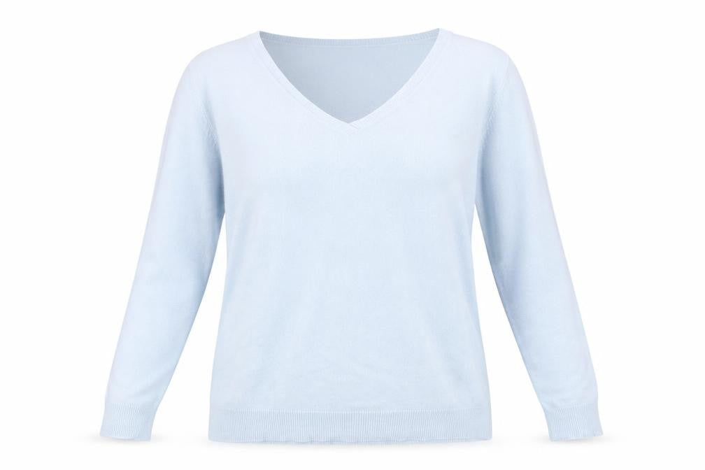 Front view of Julipa Women's Blue V-Neck jumper, size 12/14
