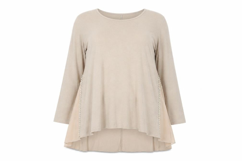 Front view of Roman Women's Beige Beaded Long Sleeve Top -, size L