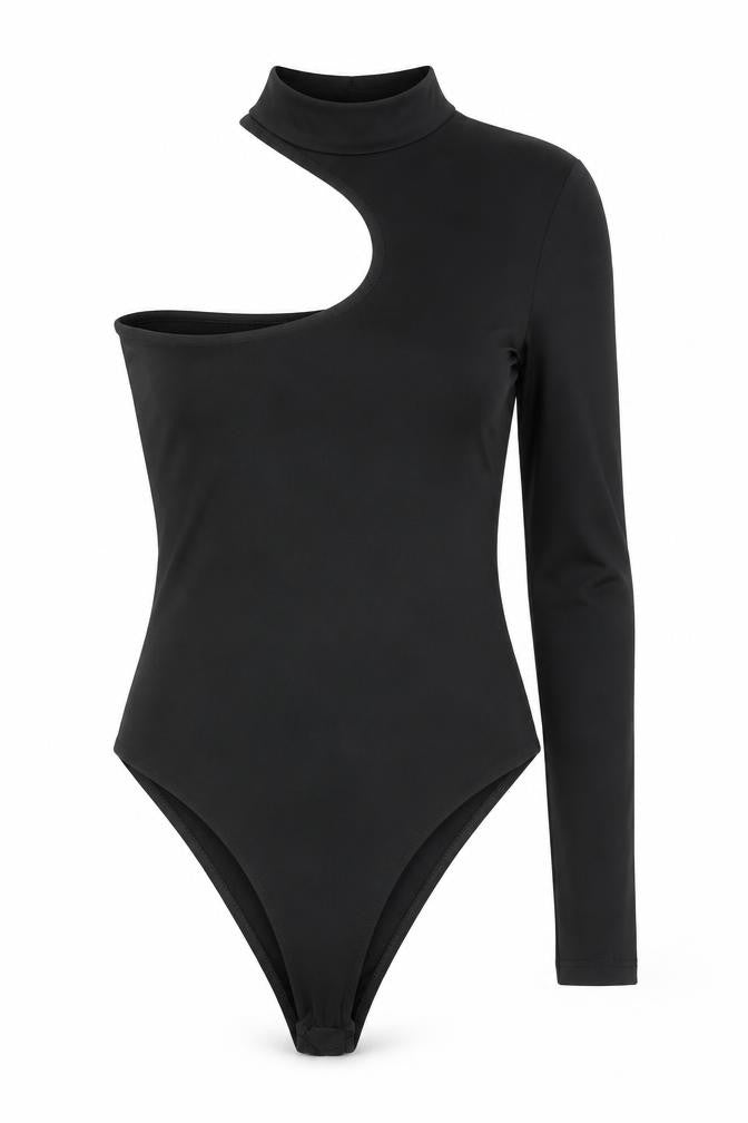 Front view of Nasty Gal Women's Black Asymmetric Bodysuit, size 6