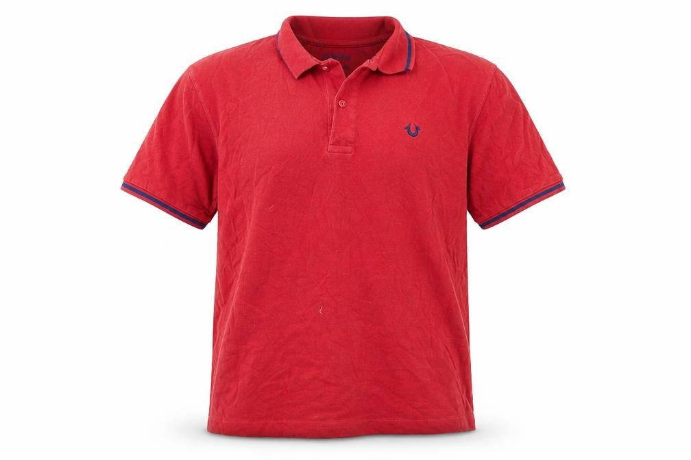 Front view of True Religion Red Men's Polo Shirt, size L, Collared