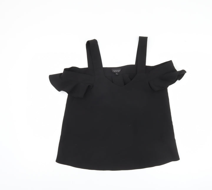 Topshop Women Black Cold Shoulder V-Neck Blouse Size 8