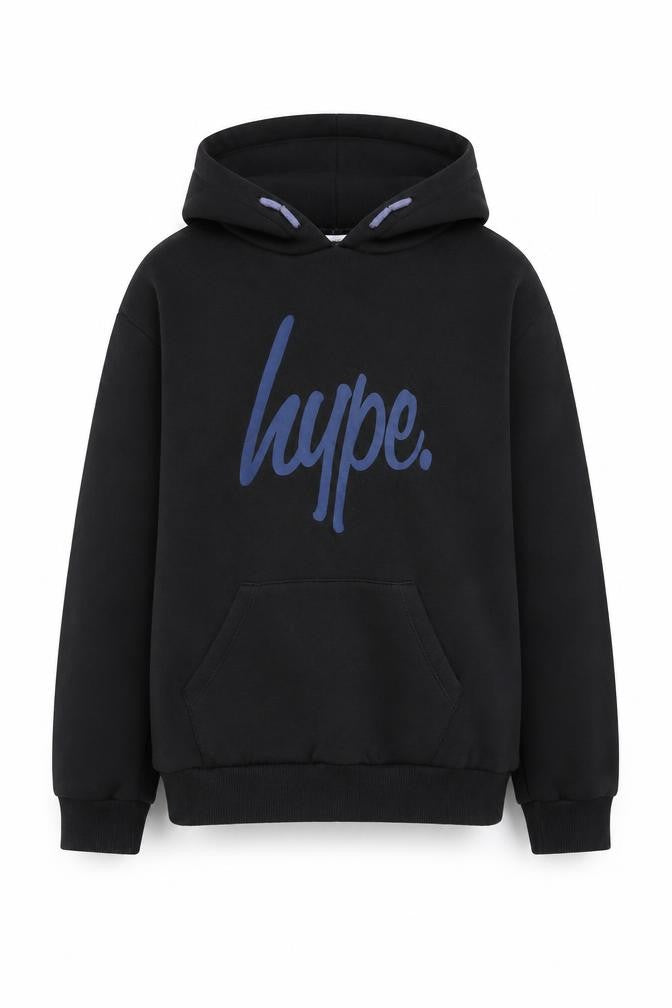 Front view of Hype boys’ black pullover hoodie, size 14, years logo design