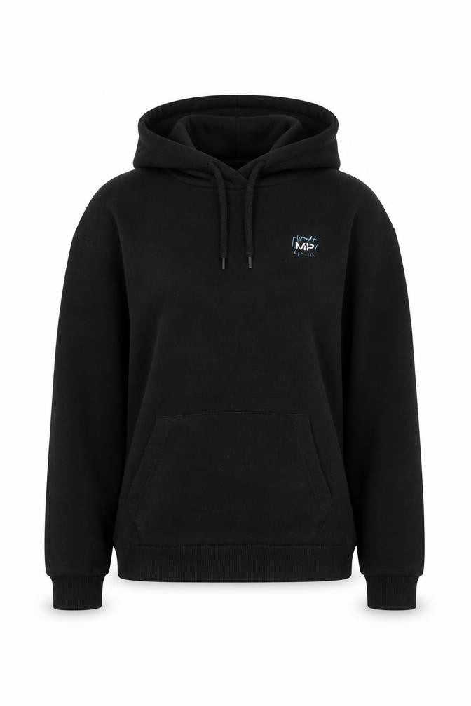 Front view of Myprotein unisex black pullover hoodie -, size S, logo & graphic