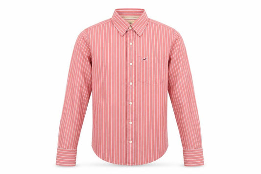 Front view of Hollister Men's Red Striped Button-Up Shirt, size S