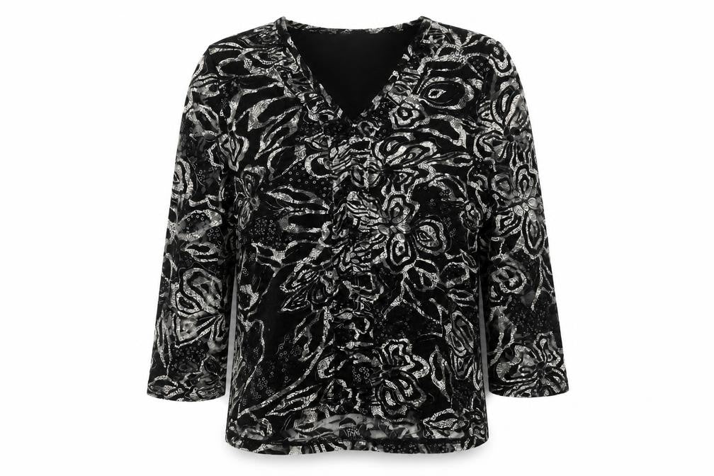 Front view of Kiss Collection Women's Black Floral Lace Blouse, Medium