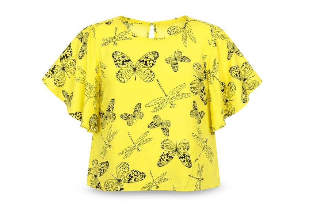 Front view of Marina Kaneva Yellow Animal Print Flutter Top