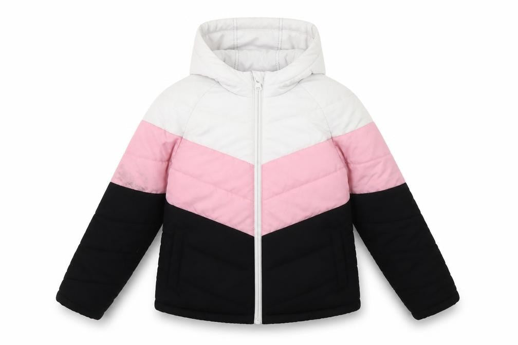 Front view of USA Pro girls’' puffer jacket, black/pink/white, 7-8 years
