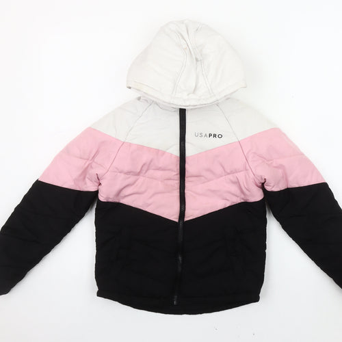 USA Pro Girls' Puffer Jacket, Black/Pink/White, 7-8 Years