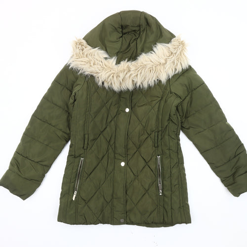 Oasis Women's Green Puffer Jacket, Size 10, Fur Trim