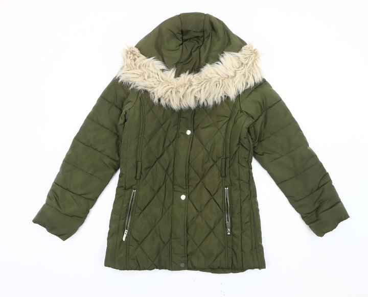 Oasis Women's Green Puffer Jacket, Size 10, Fur Trim