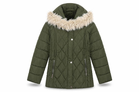 Front view of Oasis Women's Green Puffer Jacket, size 10, Fur Trim
