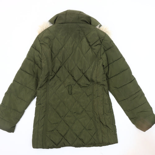 Oasis Women's Green Puffer Jacket, Size 10, Fur Trim