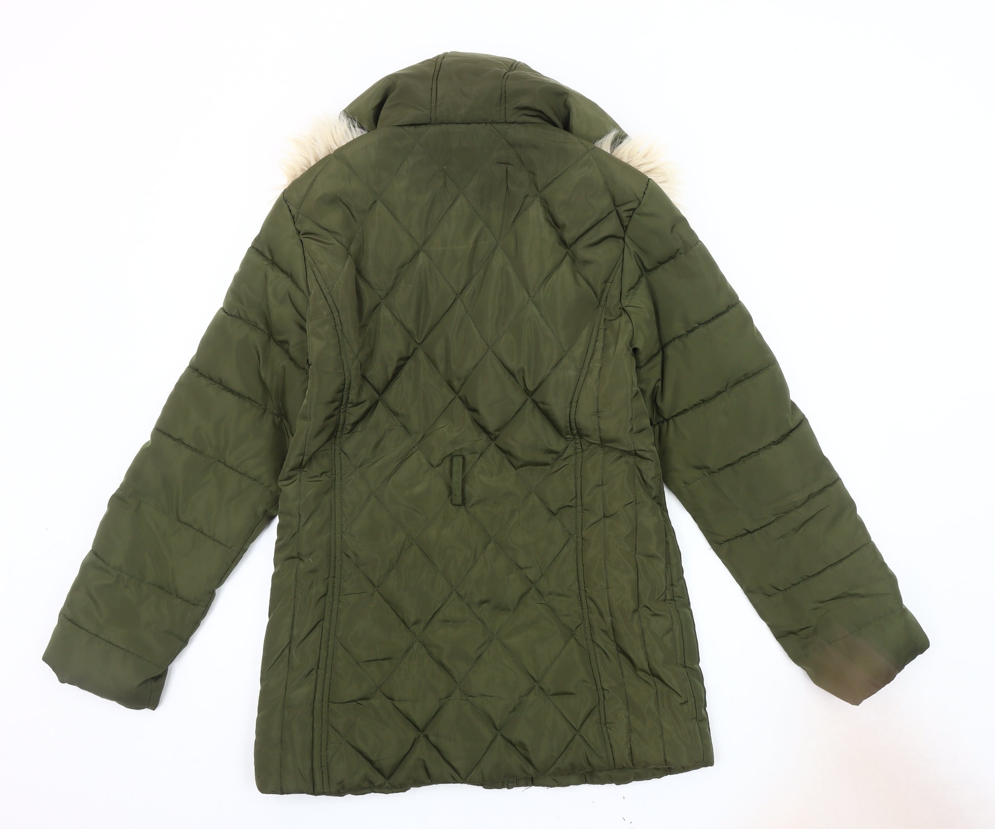 Oasis Women's Green Puffer Jacket, Size 10, Fur Trim – Preworn