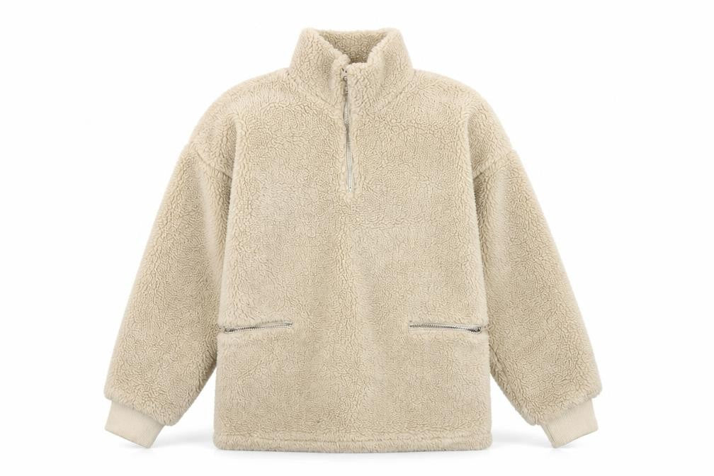 Front view of Pieces Beige Fleece 1/4 Zip Sweatshirt, S, Lightweight