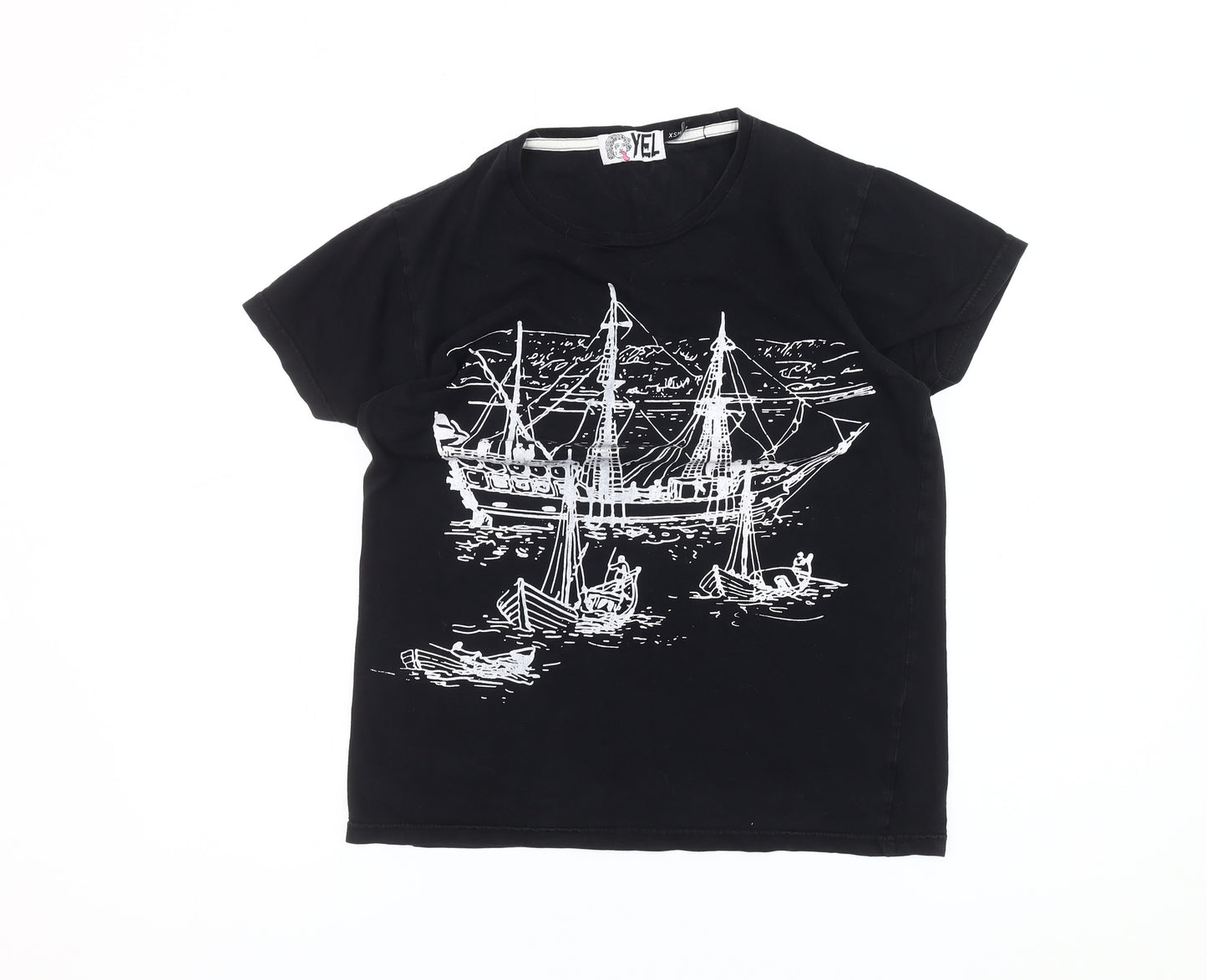 YEL Men's XS Black Graphic Print Crew Neck T-Shirt