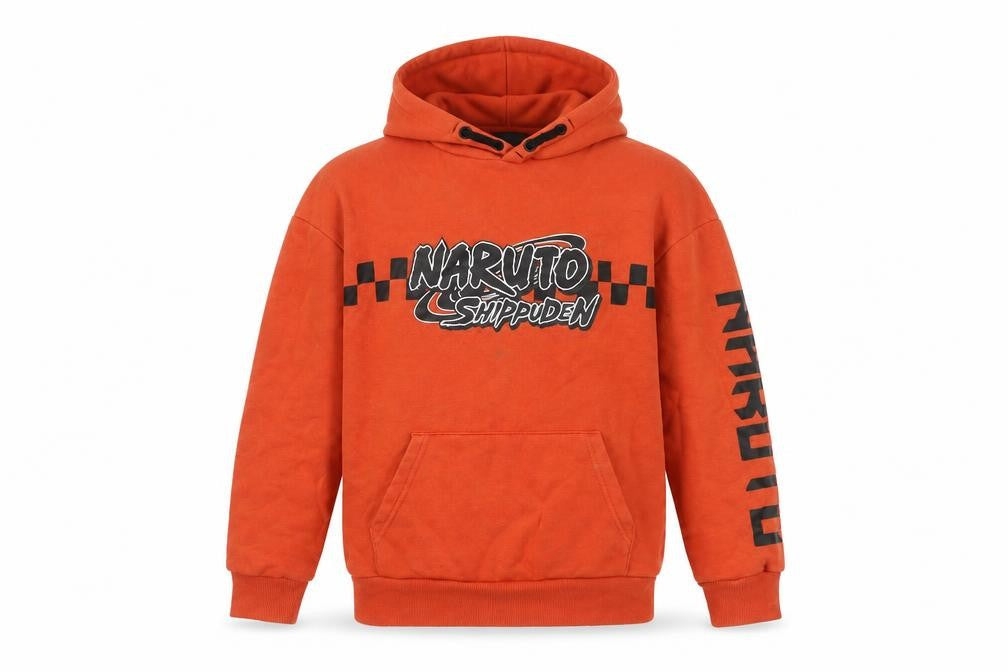 Front view of Naruto Shippuden boys’ orange hoodie 9-10 years pullover anime
