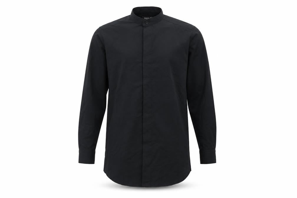 Front view of Omega Men's Black Button-Up Shirt, Long Sleeve, size S