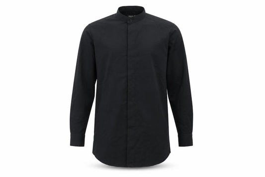 Front view of Omega Men's Black Button-Up Shirt, Long Sleeve, size S