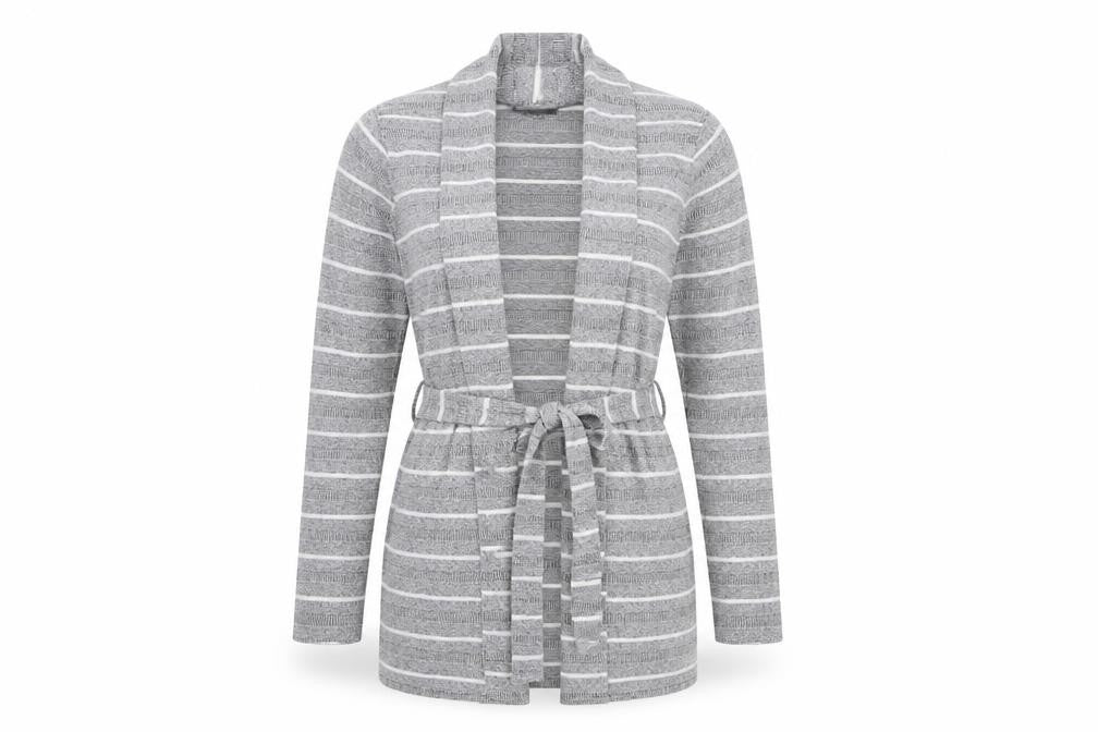 Front view of Bonmarché Women's Grey Striped Cardigan, size 14