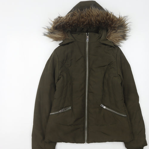 915 Generation Girls' Green Puffer Jacket 12-13 Years Hooded Faux Fur Trim