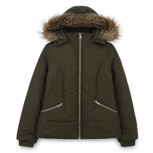 915 Generation Girls' Green Puffer Jacket 12-13 Years Hooded Faux Fur Trim