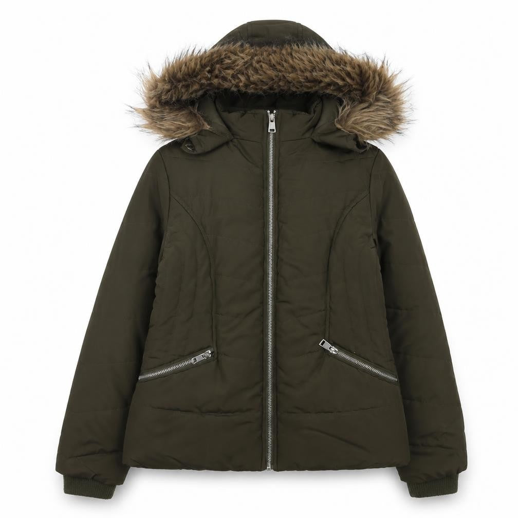 915 Generation Girls' Green Puffer Jacket 12-13 Years Hooded Faux Fur Trim