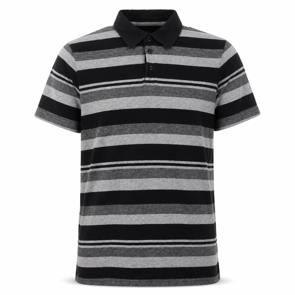 Front view of Thomas Nash Men's Striped Polo, Black/Grey, Medium