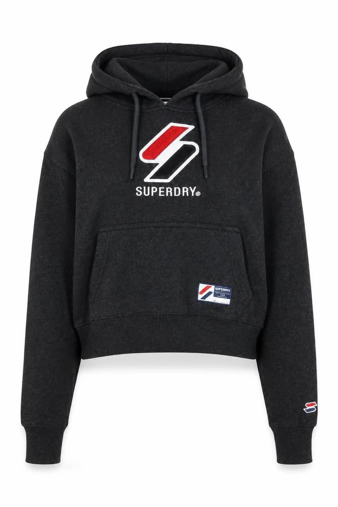 Front view of Superdry Women's Black Hoodie, size 12, Pullover with Logo Accent