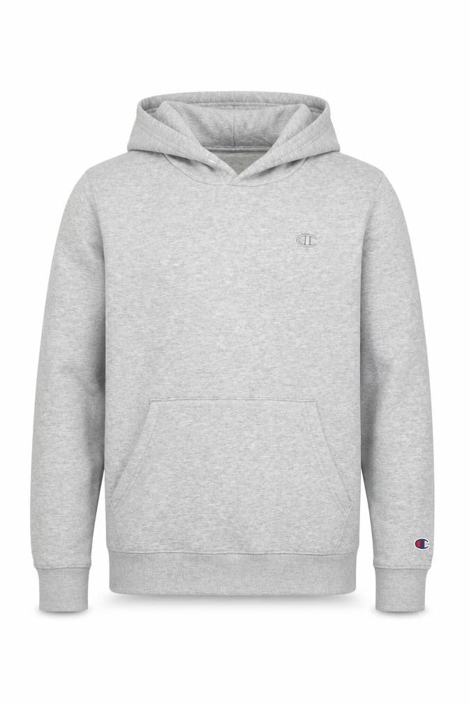 Front view of Champion boys’ grey hoodie, size L, pullover with logo