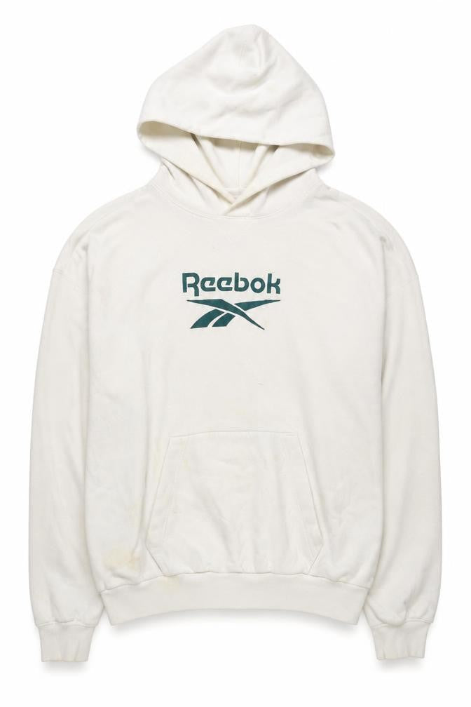 Front view of Reebok unisex white hoodie large casual pullover