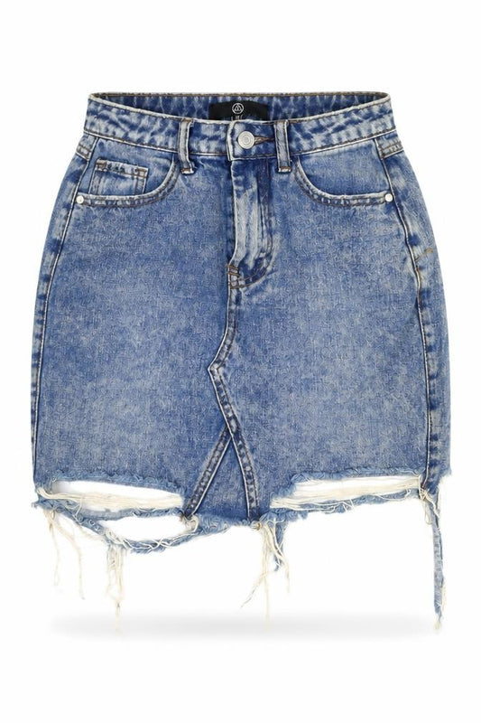 Front view of M Women's Blue Denim Mini Skirt, size 6, Cotton