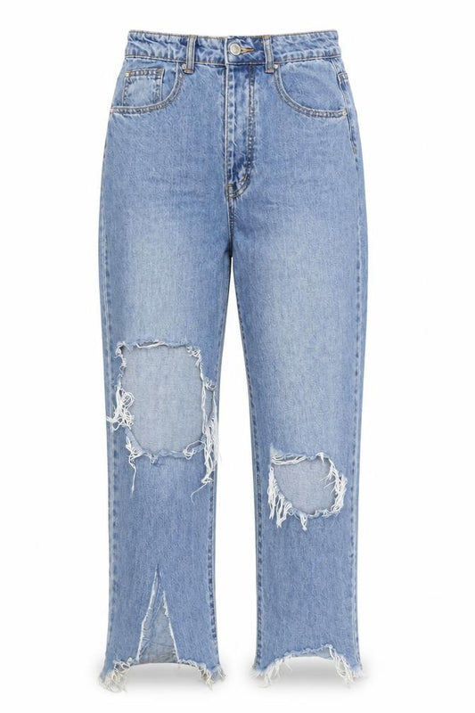 Front view of PRETTYLITTLETHING Women's Blue Mom Jeans UK 8 Distressed