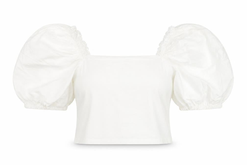 Front view of Topshop Women's White Cropped Puff Sleeve Blouse